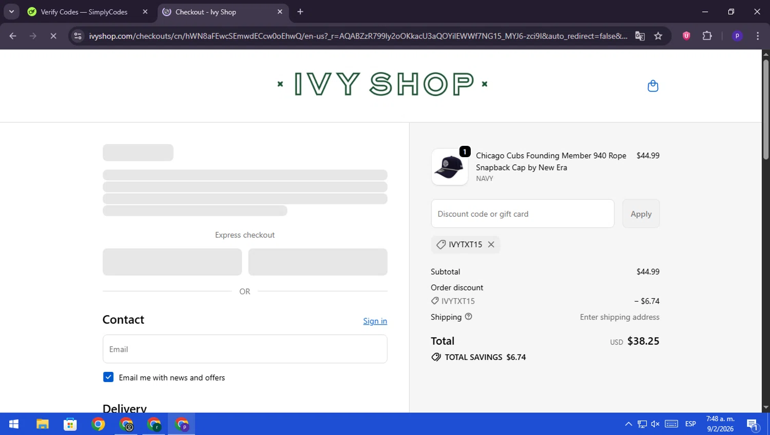 Ivy Shop checkout page showing Ivy Shop discount code box | Screenshot taken by SimplyCodes community member on Feb 9, 2026