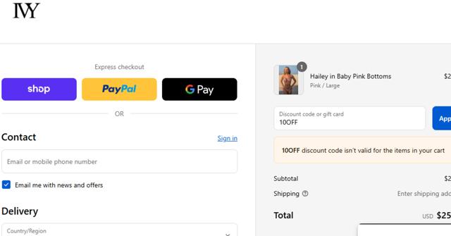 IVY Swimwear checkout page showing IVY Swimwear coupon code box | Screenshot taken by SimplyCodes community member on Sep 10, 2025