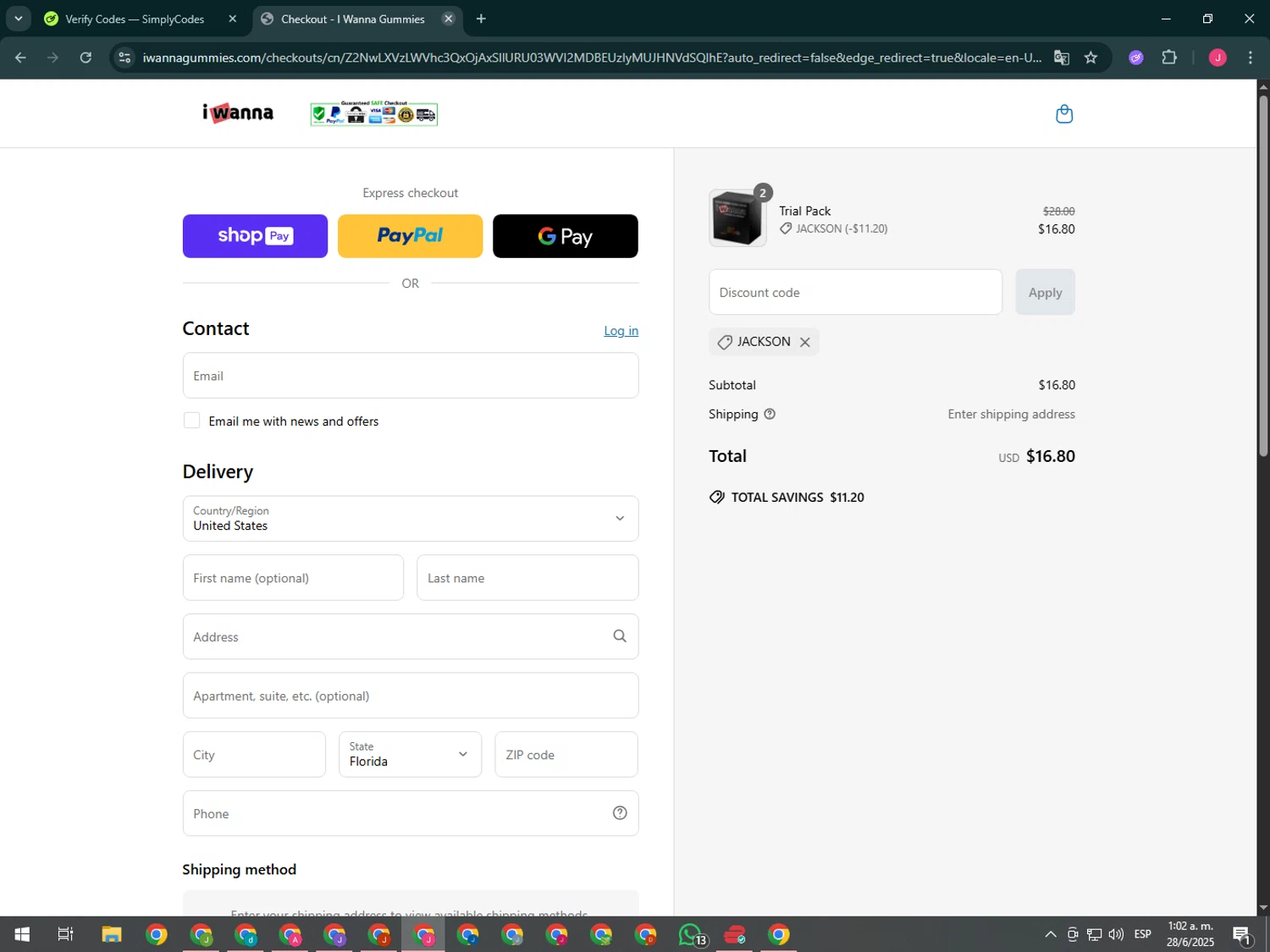 I Wanna Gummies promo code screenshot showing code JACKSON applied at I Wanna Gummies checkout page. Uploaded by SimplyCodes community member CleverShopper2101 on Jun 28, 2025