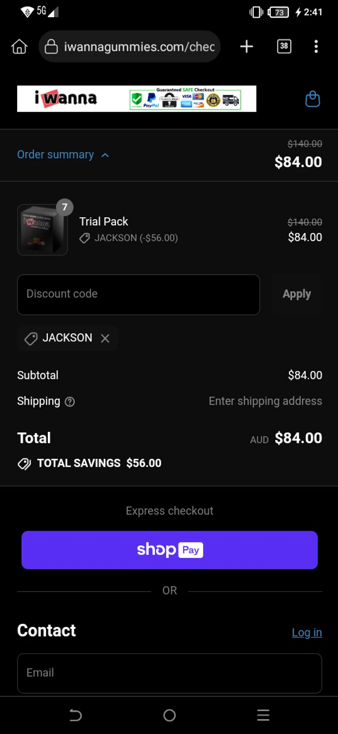 I Wanna Gummies promo code screenshot showing code JACKSON applied at I Wanna Gummies checkout page. Uploaded by SimplyCodes community member EpicPilot2189 on Jul 11, 2025