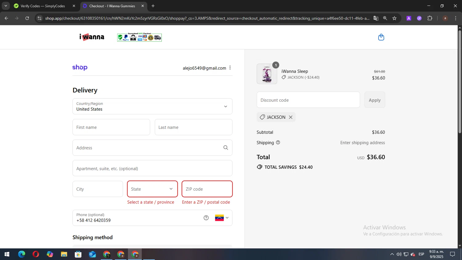 I Wanna Gummies promo code screenshot showing code JACKSON applied at I Wanna Gummies checkout page. Uploaded by SimplyCodes community member elbicho22 on Sep 9, 2025