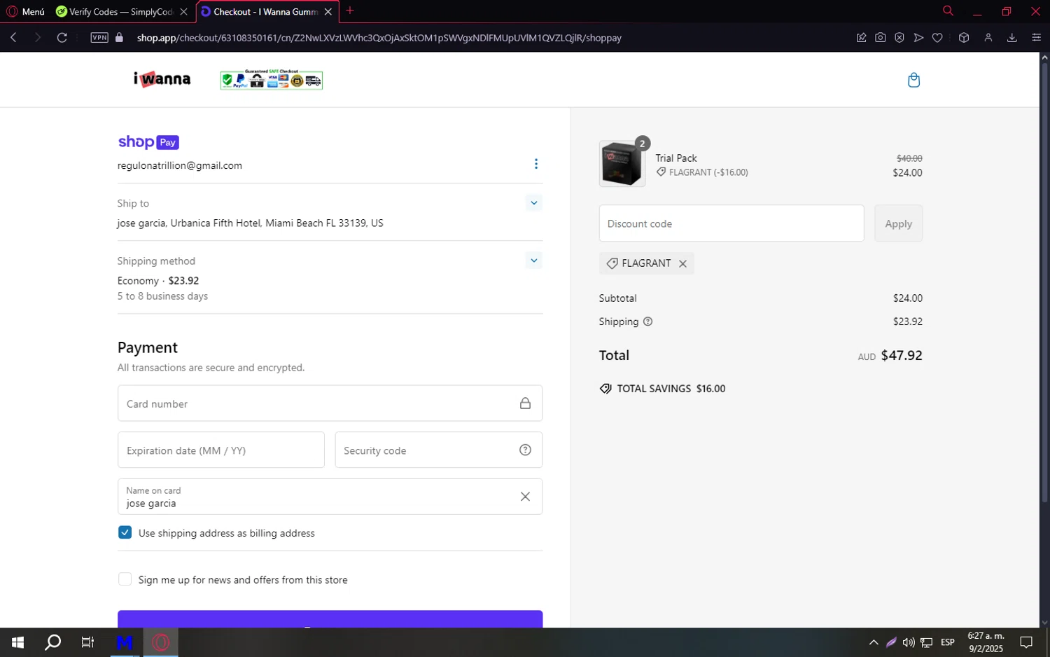 I Wanna Gummies promo code screenshot showing code FLAGRANT applied at I Wanna Gummies checkout page. Uploaded by SimplyCodes community member TreasureCaptain9598 on Feb 9, 2025