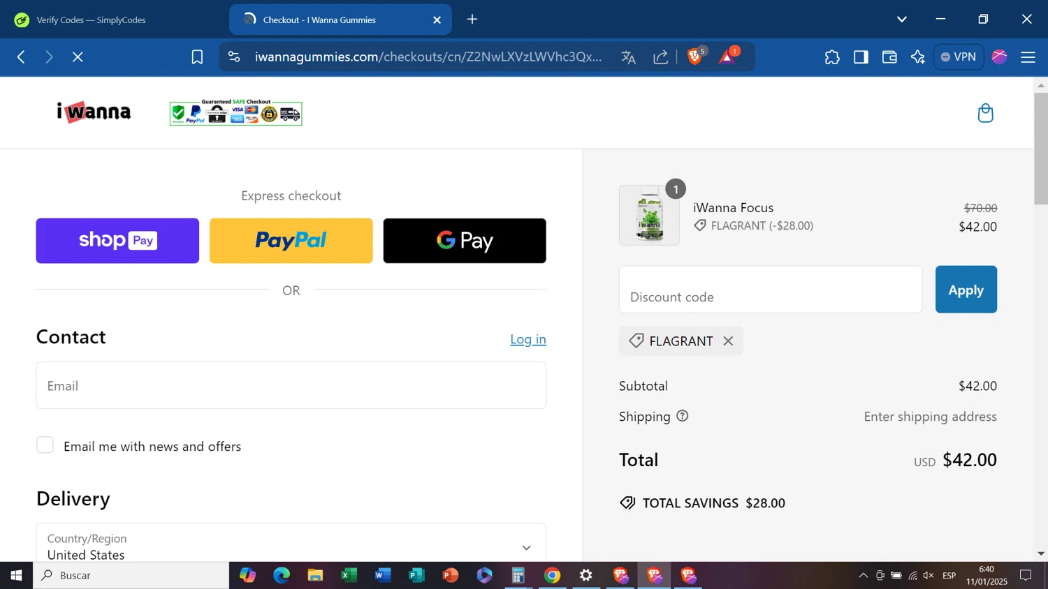 I Wanna Gummies promo code screenshot showing code FLAGRANT applied at I Wanna Gummies checkout page. Uploaded by SimplyCodes community member RoyalFinder1133 on Jan 11, 2025