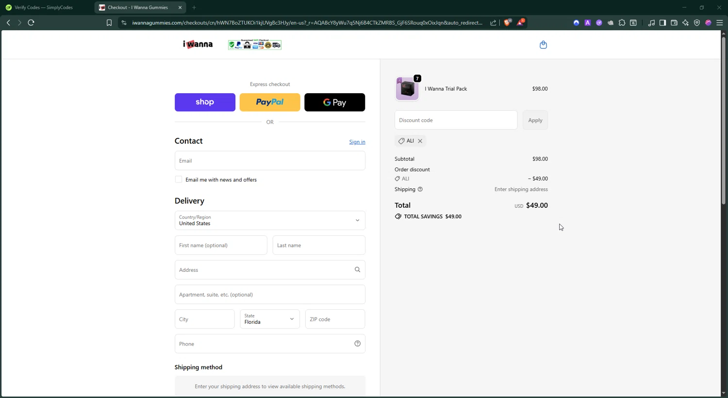 I Wanna Gummies promo code screenshot showing code ALI applied at I Wanna Gummies checkout page. Uploaded by SimplyCodes community member BonusShopper4099 on Jan 3, 2026