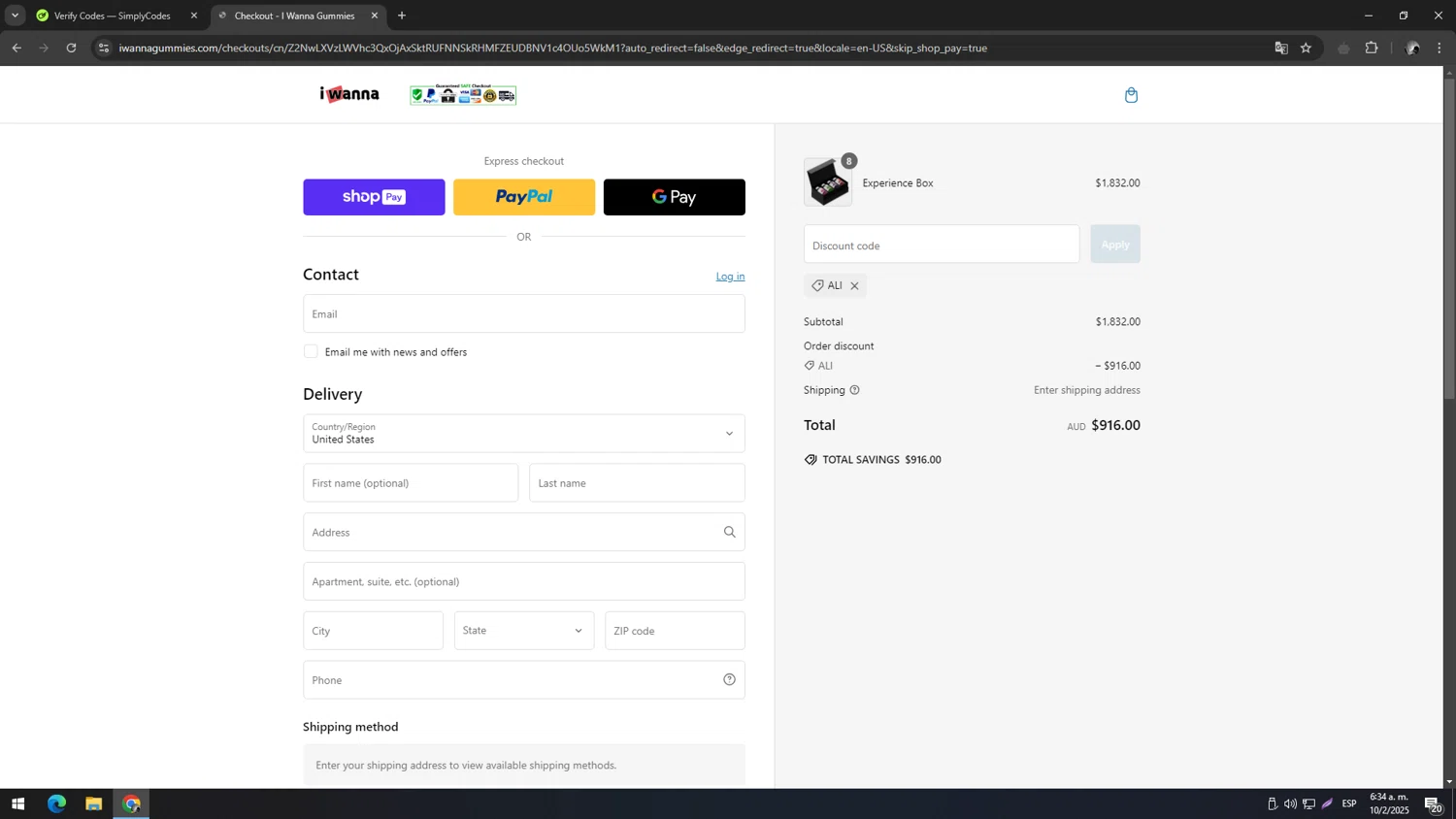 I Wanna Gummies promo code screenshot showing code ALI applied at I Wanna Gummies checkout page. Uploaded by SimplyCodes community member TUNGTUNG on Feb 10, 2025