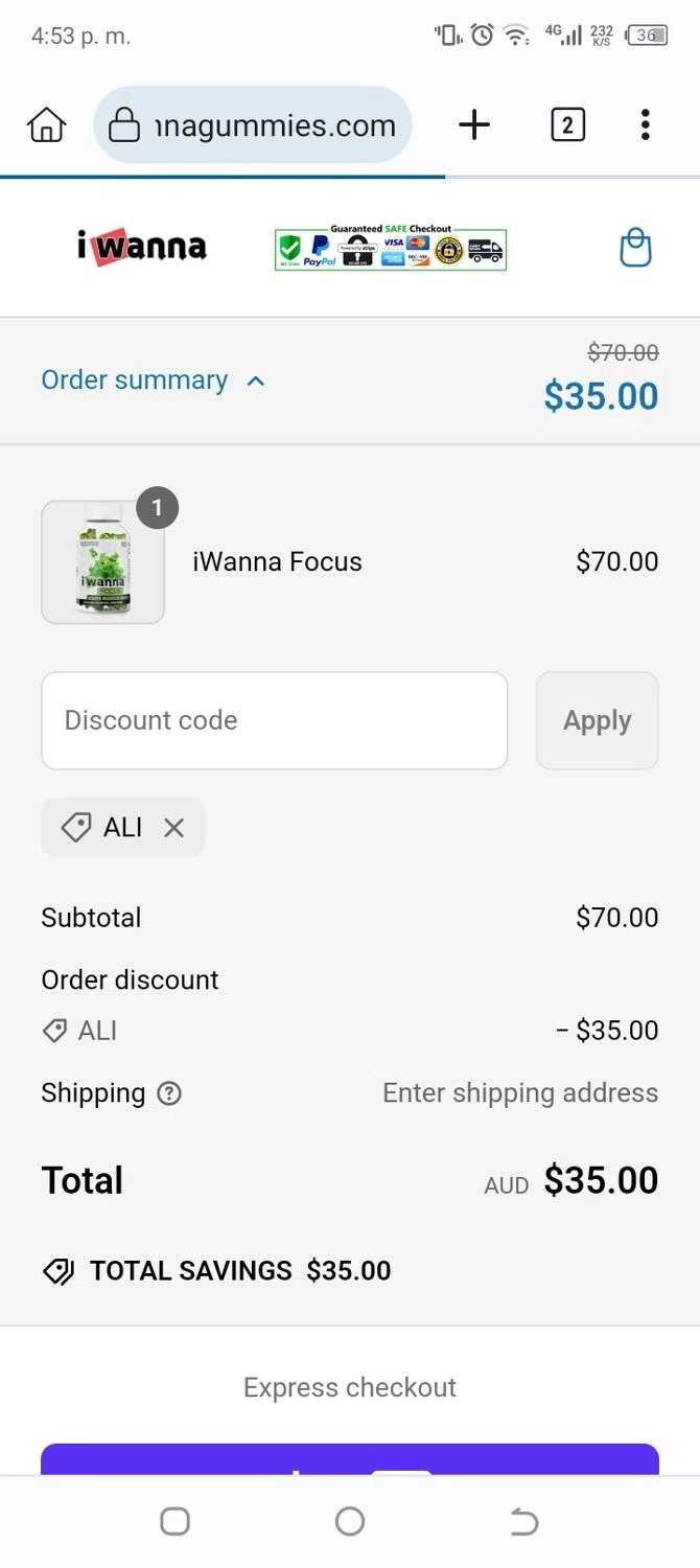 I Wanna Gummies promo code screenshot showing code ALI applied at I Wanna Gummies checkout page. Uploaded by SimplyCodes community member asdfgh on Mar 9, 2025