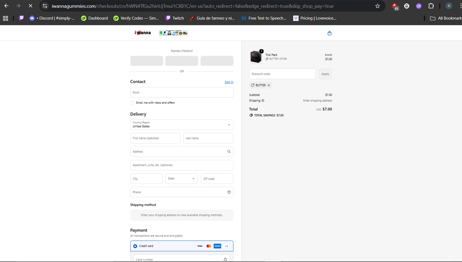 I Wanna Gummies promo code screenshot showing code BUTTER applied at I Wanna Gummies checkout page. Uploaded by SimplyCodes community member DealHero3744 on Oct 24, 2025