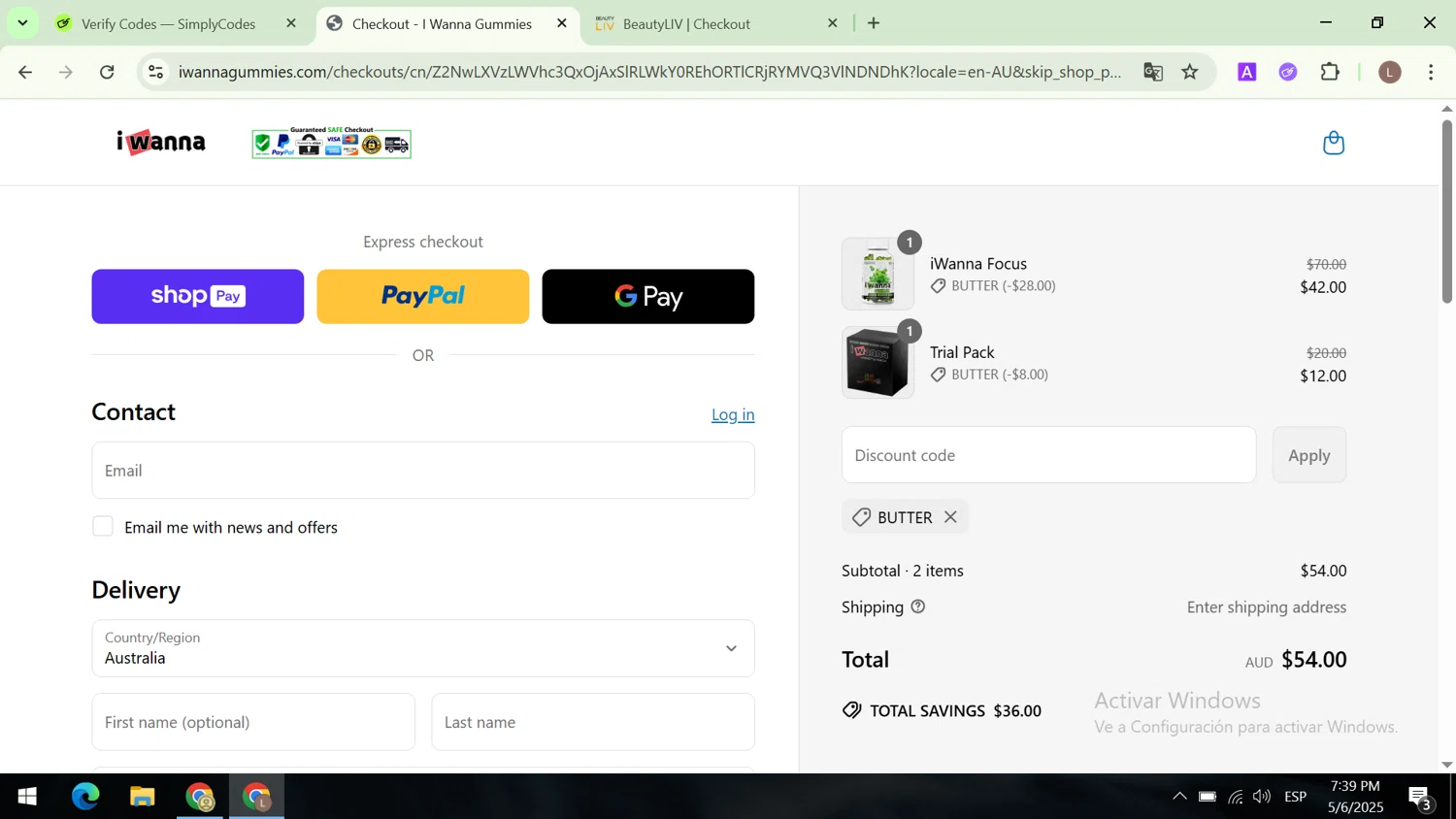 I Wanna Gummies promo code screenshot showing code BUTTER applied at I Wanna Gummies checkout page. Uploaded by SimplyCodes community member CodeCaptain8882 on May 6, 2025