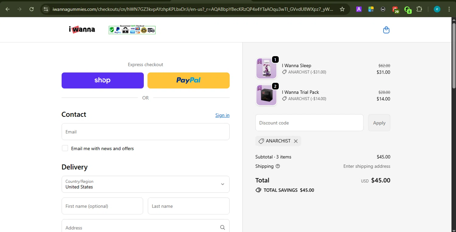 I Wanna Gummies promo code screenshot showing code ANARCHIST applied at I Wanna Gummies checkout page. Uploaded by SimplyCodes community member PrincessCoupon on Jan 7, 2026