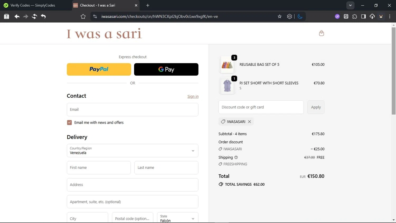 I was a Sari discount code screenshot showing code IWASASARI applied at I was a Sari checkout page. Uploaded by SimplyCodes community member BudgetCollector3125 on Sep 20, 2025