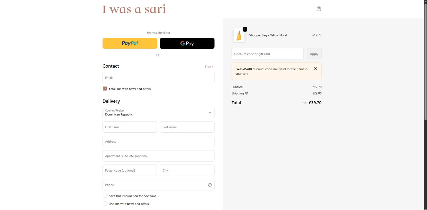 I was a Sari discount code screenshot showing code IWASASARI applied at I was a Sari checkout page. Uploaded by SimplyCodes community member GloriousCollector3551 on Dec 28, 2025