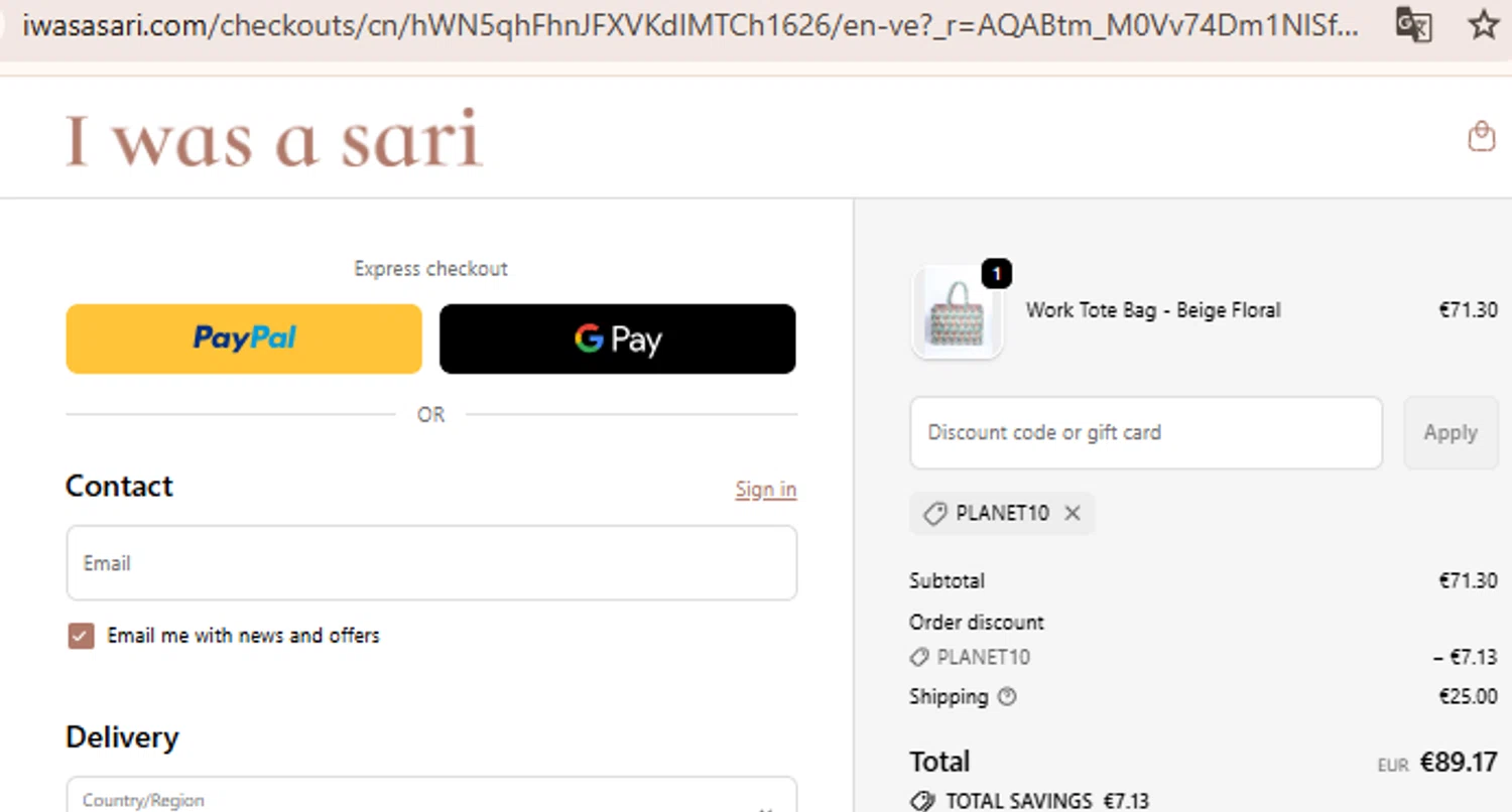 I was a Sari discount code screenshot showing code Planet10 applied at I was a Sari checkout page. Uploaded by SimplyCodes community member BudgetLion5814 on Nov 29, 2025
