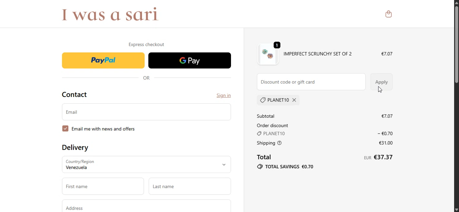 I was a Sari discount code screenshot showing code Planet10 applied at I was a Sari checkout page. Uploaded by SimplyCodes community member LuckyPioneer1027 on Oct 18, 2025