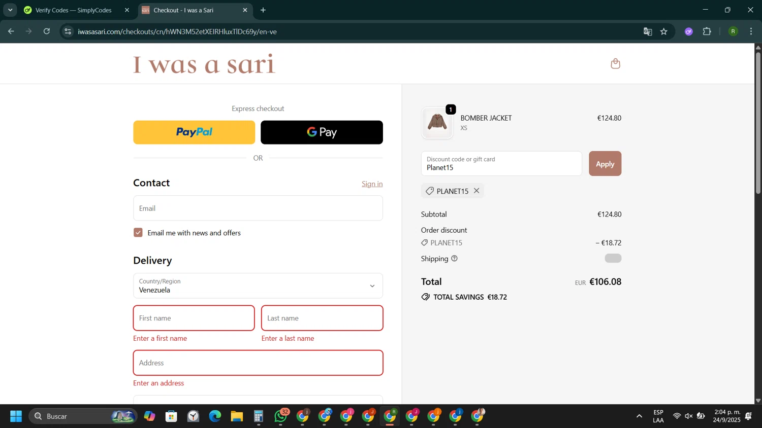 I was a Sari discount code screenshot showing code Planet15 applied at I was a Sari checkout page. Uploaded by SimplyCodes community member ValiantCaptain1358 on Sep 24, 2025