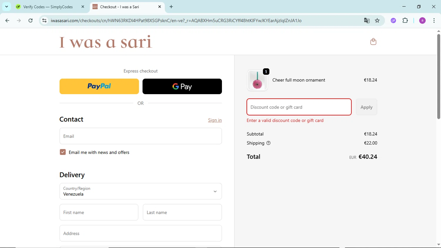 I was a Sari discount code screenshot showing code GOGREEN20 applied at I was a Sari checkout page. Uploaded by SimplyCodes community member PennyBoss9589 on Dec 4, 2025