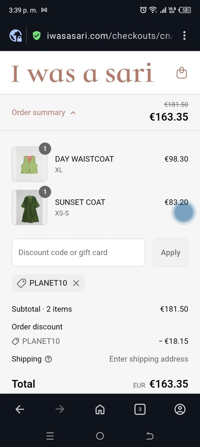 I was a Sari discount code screenshot showing code Planet10 applied at I was a Sari checkout page. Uploaded by SimplyCodes community member ANABEL on Sep 13, 2025