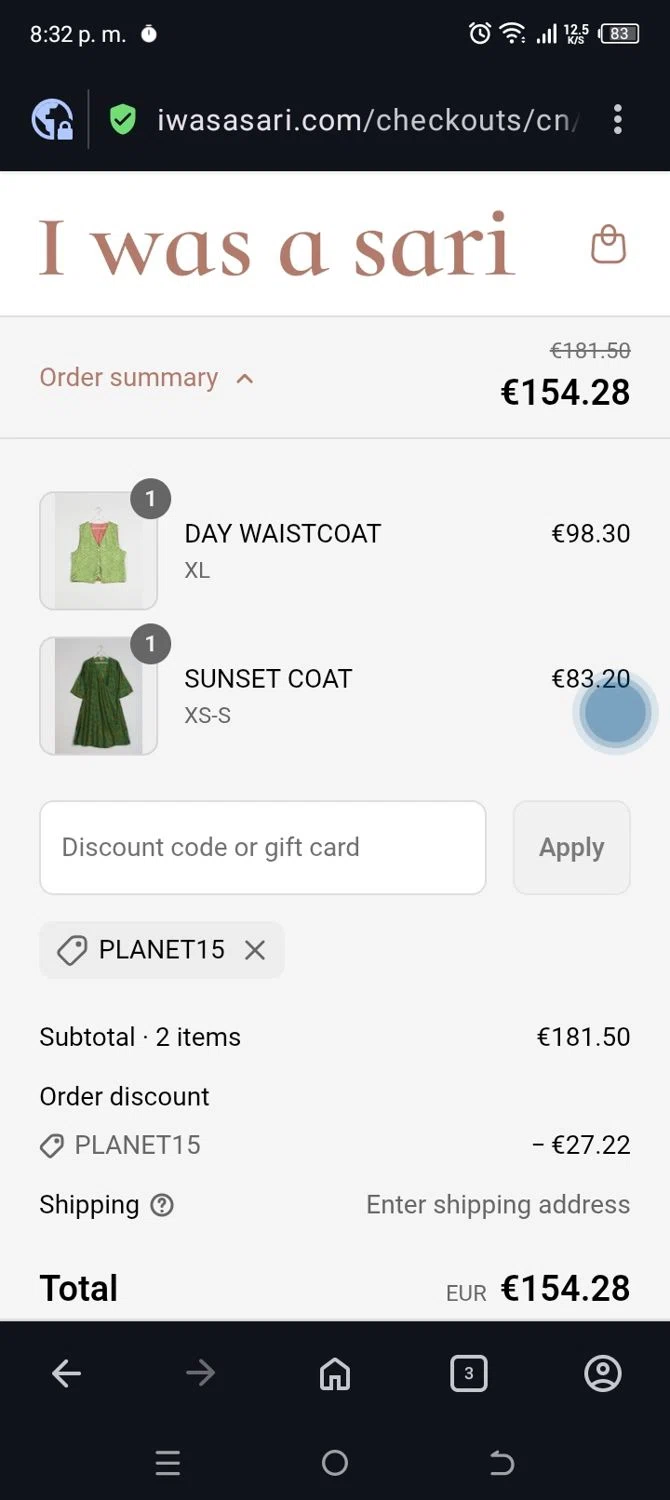 I was a Sari discount code screenshot showing code Planet15 applied at I was a Sari checkout page. Uploaded by SimplyCodes community member ANABEL on Sep 15, 2025