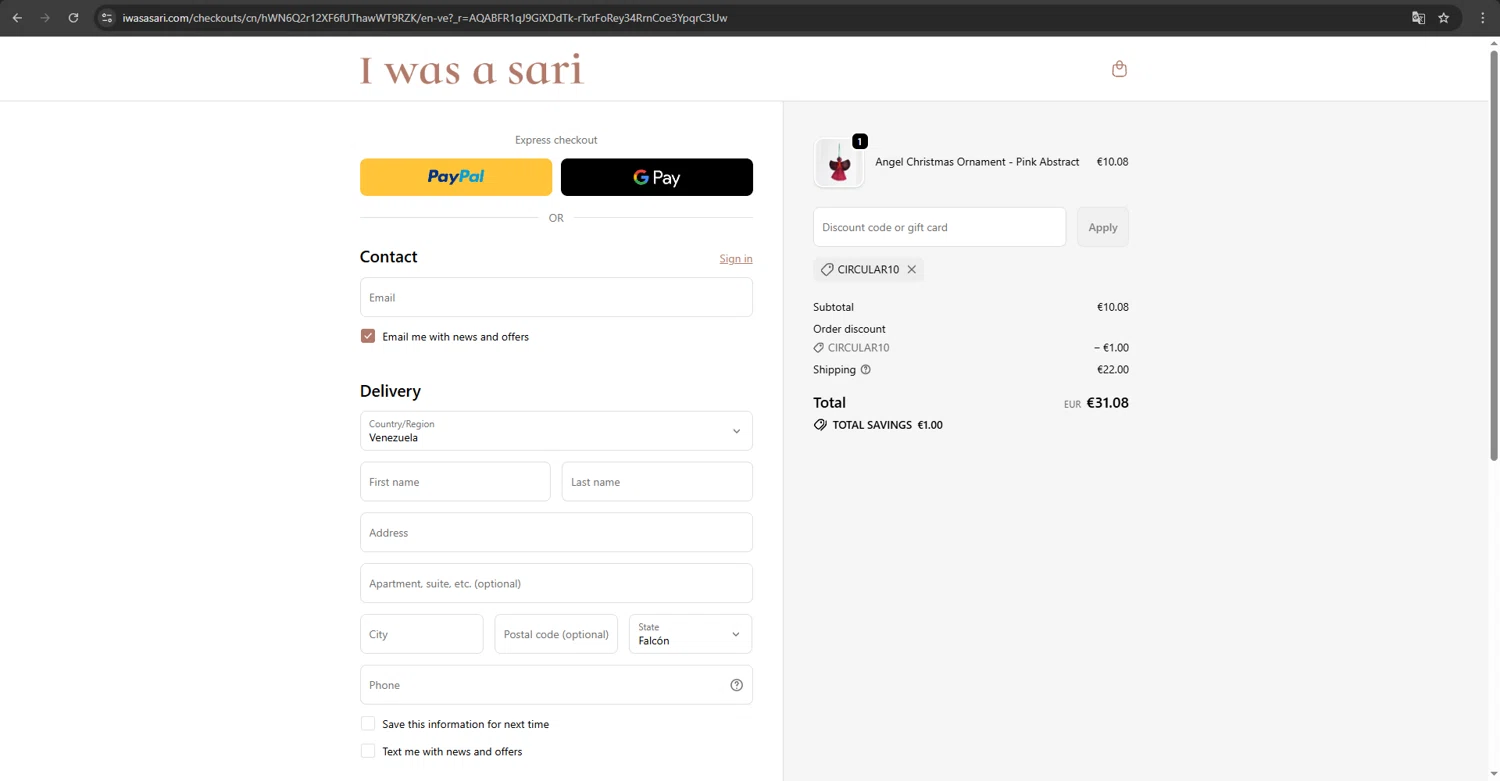 I was a Sari discount code screenshot showing code CIRCULAR10 applied at I was a Sari checkout page. Uploaded by SimplyCodes community member MRDEAL on Dec 14, 2025