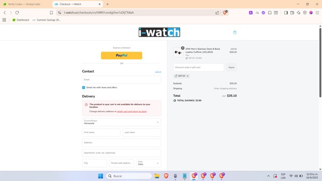 i-Watch checkout page showing i-Watch promo code box | Screenshot taken by SimplyCodes community member on Aug 16, 2025