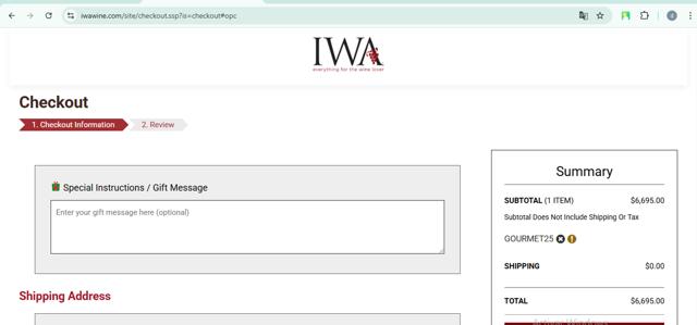 IWA Wine checkout page showing IWA Wine promo code box | Screenshot taken by SimplyCodes community member on Feb 7, 2025