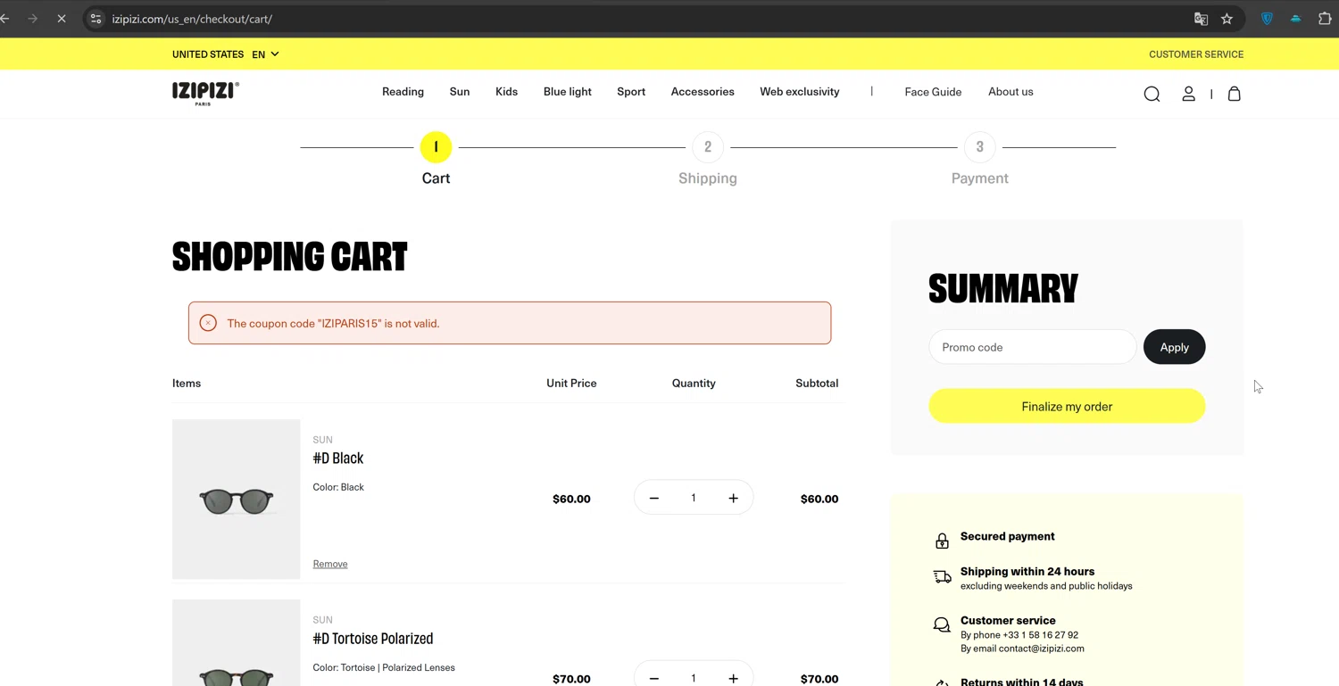Izipizi promo code screenshot showing code IZIPARIS15 applied at Izipizi checkout page. Uploaded by SimplyCodes community member ValiantTiger4704 on Jan 28, 2025