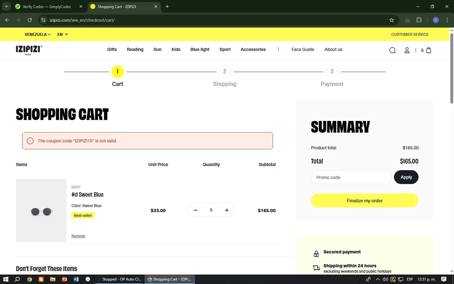 Izipizi promo code screenshot showing code IZIPIZI15 applied at Izipizi checkout page. Uploaded by SimplyCodes community member Cr7aveiro on Apr 4, 2025