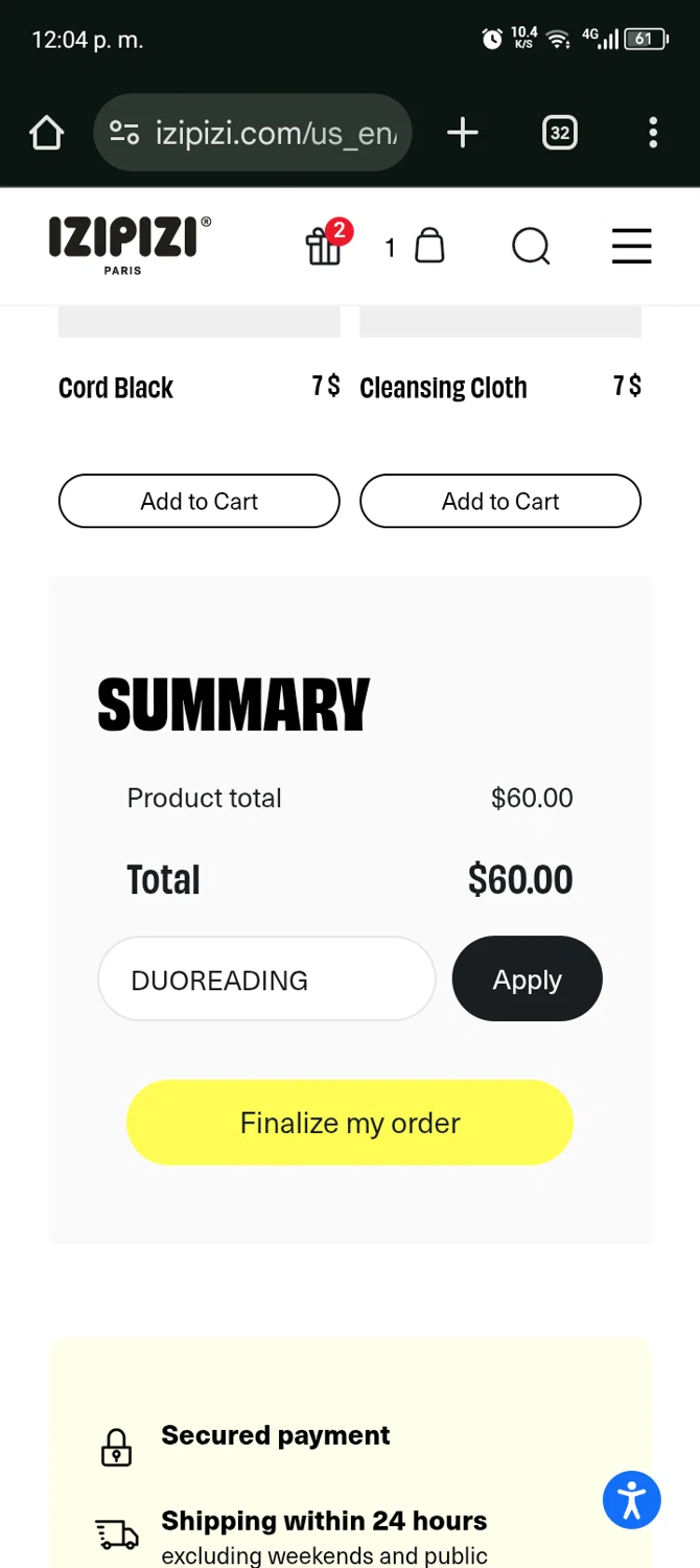 Izipizi promo code screenshot showing code DUOREADING applied at Izipizi checkout page. Uploaded by SimplyCodes community member Bernado on Jan 15, 2026