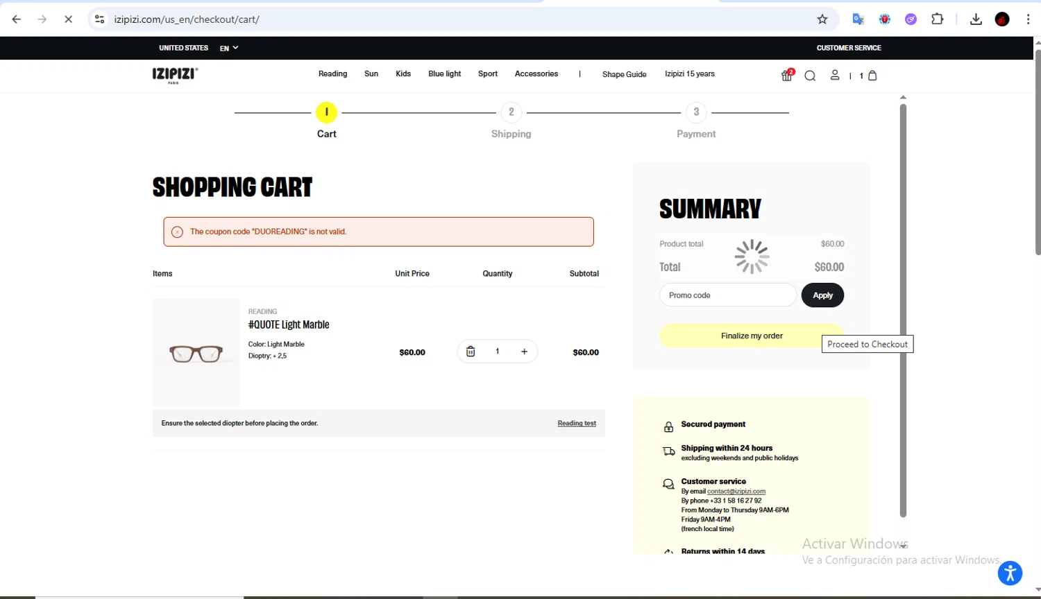 Izipizi promo code screenshot showing code DUOREADING applied at Izipizi checkout page. Uploaded by SimplyCodes community member Francisco01 on Jan 15, 2026