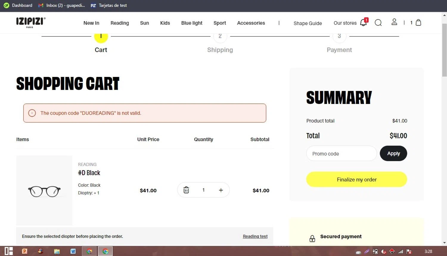 Izipizi promo code screenshot showing code DUOREADING applied at Izipizi checkout page. Uploaded by SimplyCodes community member PaticoBel on Sep 22, 2025