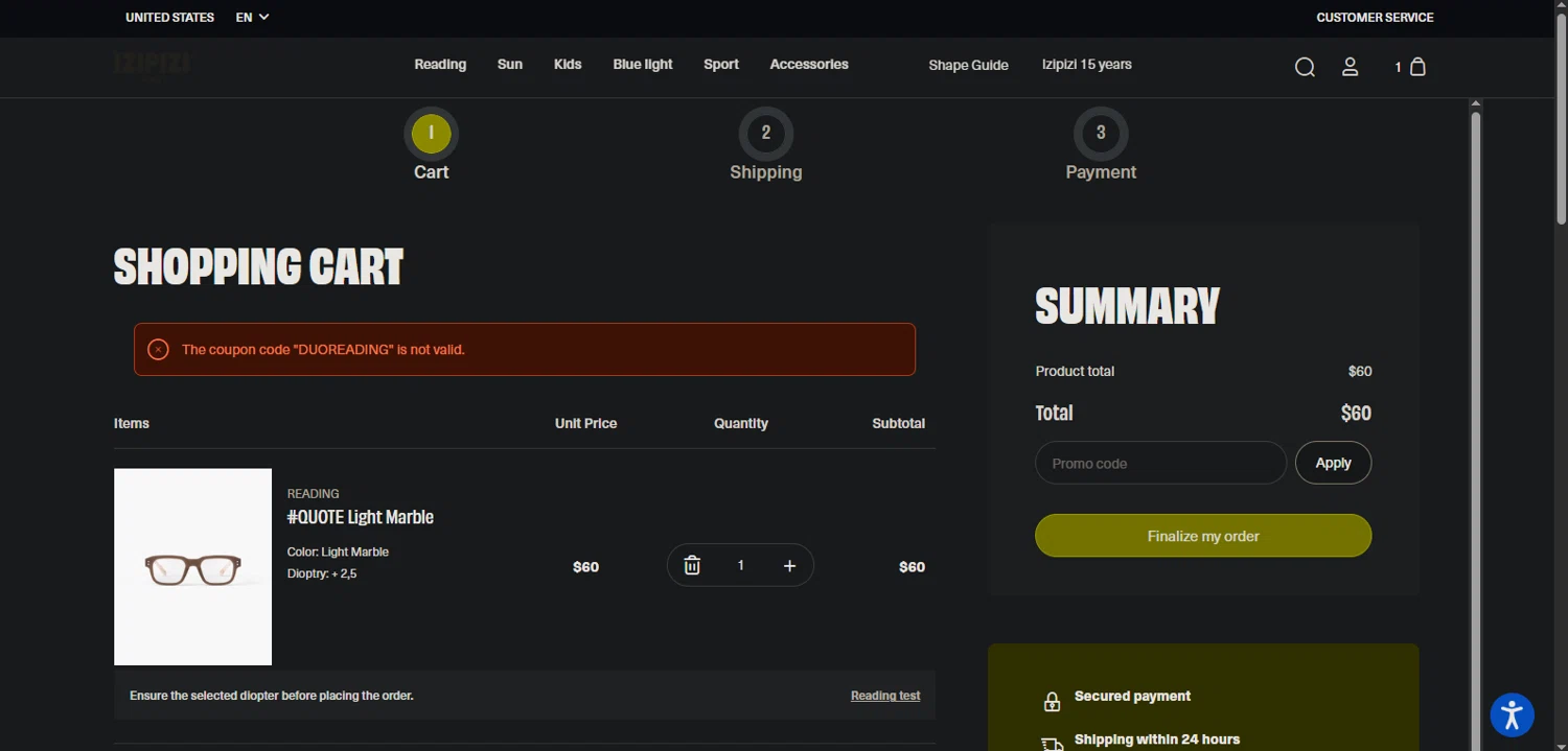Izipizi promo code screenshot showing code DUOREADING applied at Izipizi checkout page. Uploaded by SimplyCodes community member Phil_YNN on Jan 15, 2026