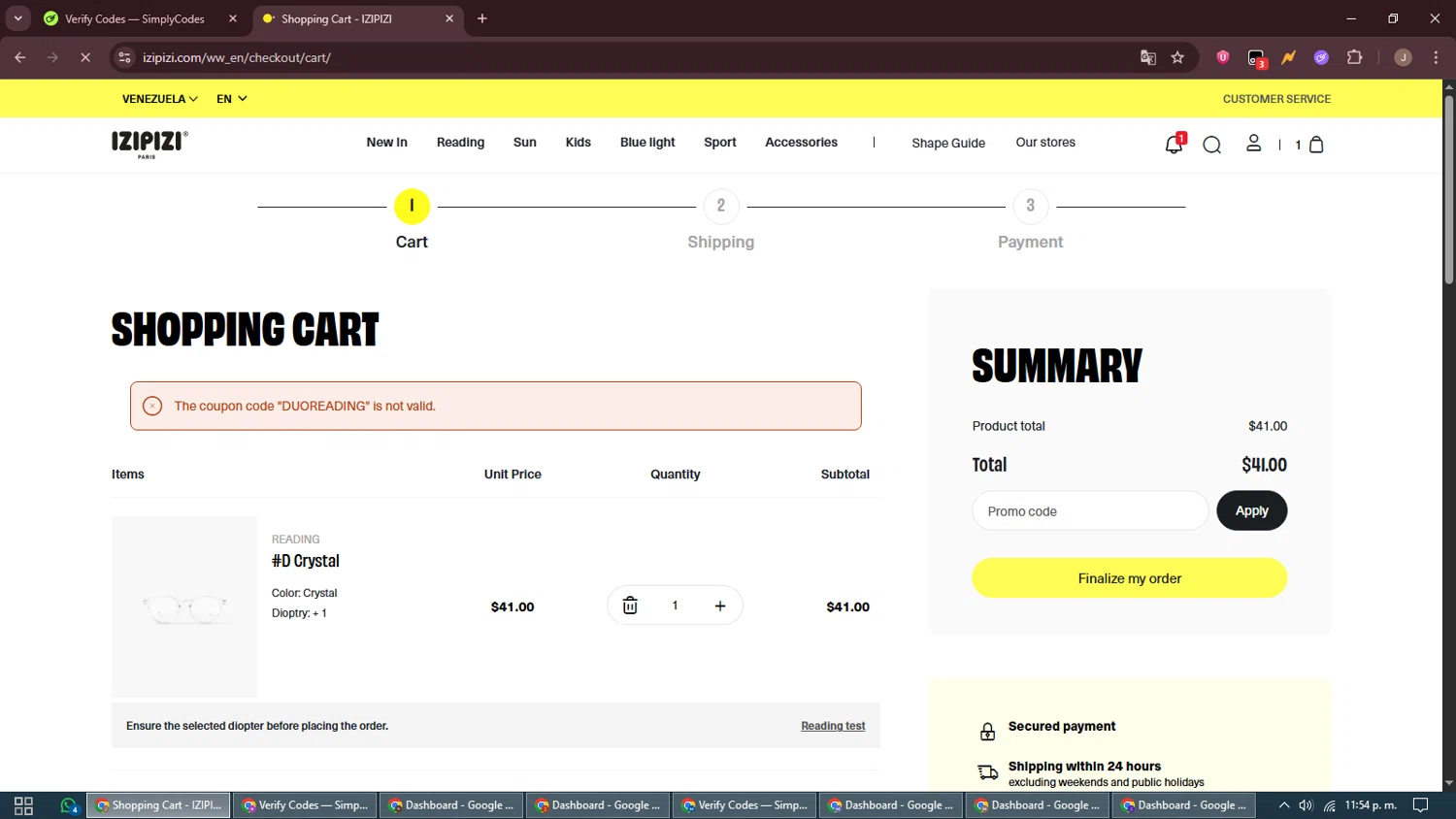 Izipizi promo code screenshot showing code DUOREADING applied at Izipizi checkout page. Uploaded by SimplyCodes community member ShrewdAdmiral5920 on Sep 22, 2025