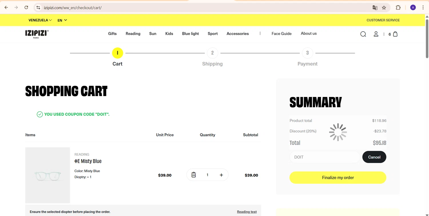 Izipizi promo code screenshot showing code DOIT applied at Izipizi checkout page. Uploaded by SimplyCodes community member PromoExpert5262 on May 8, 2025