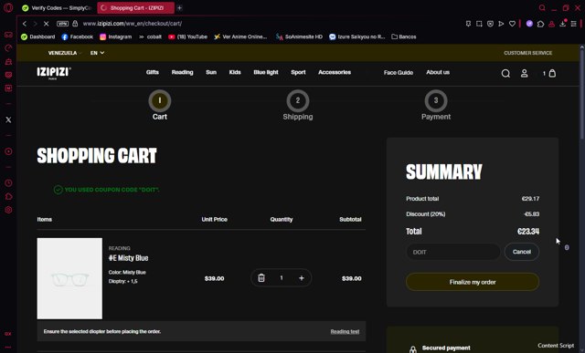 Izipizi checkout page showing Izipizi promo code box | Screenshot taken by SimplyCodes community member on May 8, 2025