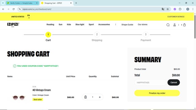 Izipizi checkout page showing Izipizi promo code box | Screenshot taken by SimplyCodes community member on Jul 7, 2025