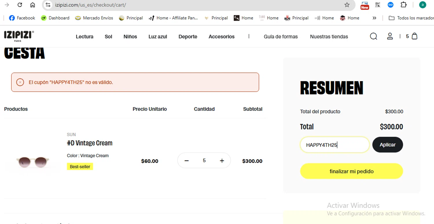 Izipizi promo code screenshot showing code HAPPY4TH25 applied at Izipizi checkout page. Uploaded by SimplyCodes community member anthonydiaz1 on Jul 11, 2025