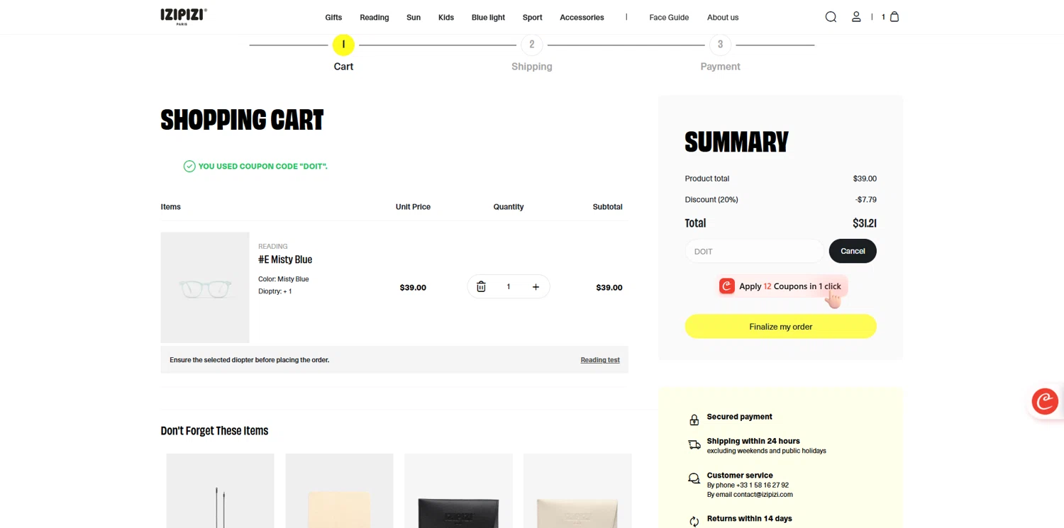 Izipizi promo code screenshot showing code DOIT applied at Izipizi checkout page. Uploaded by SimplyCodes community member Dorothy on May 8, 2025