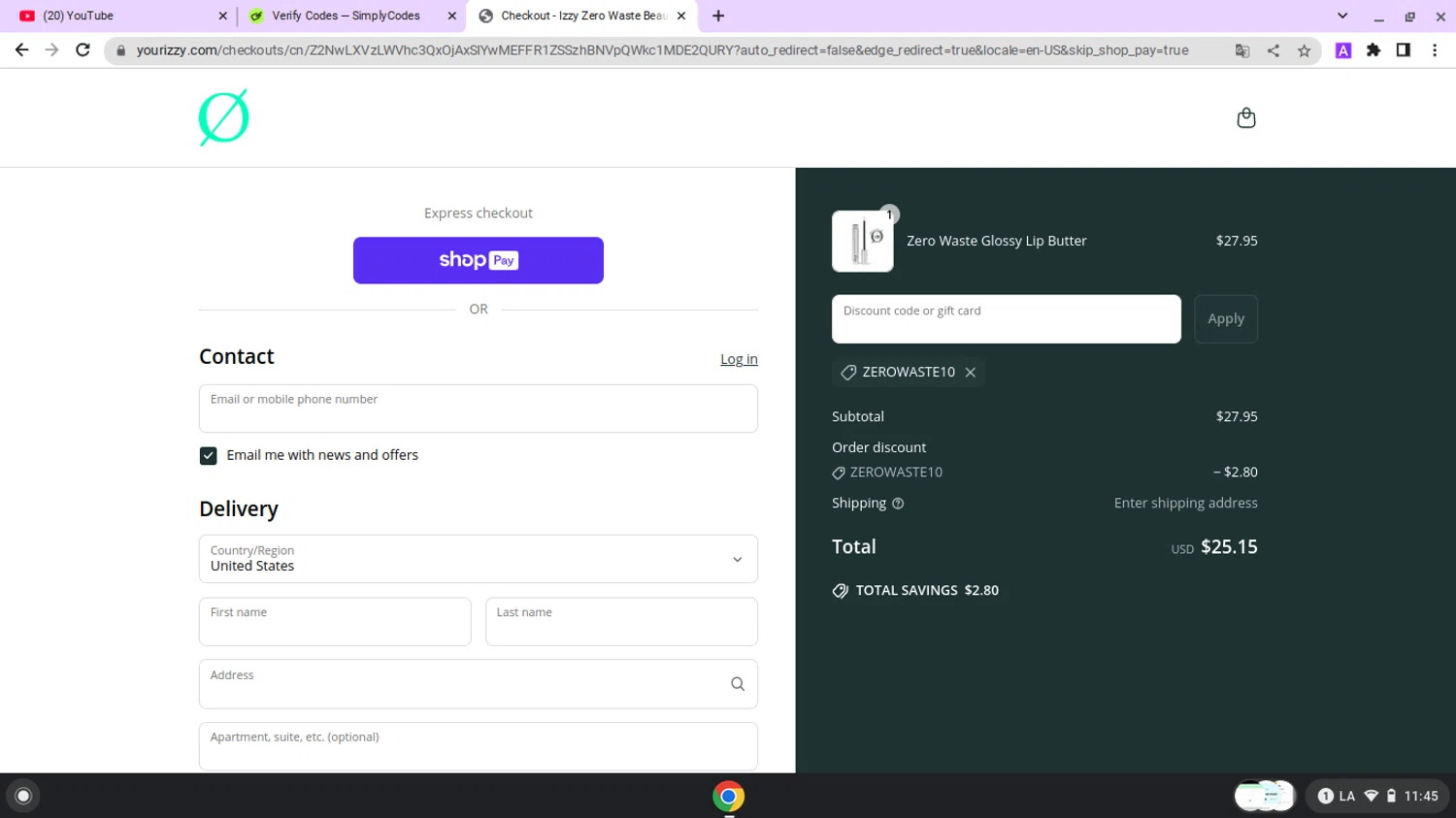 Izzy promo code screenshot showing code zerowaste10 applied at Izzy checkout page. Uploaded by SimplyCodes community member lapampita on May 11, 2025