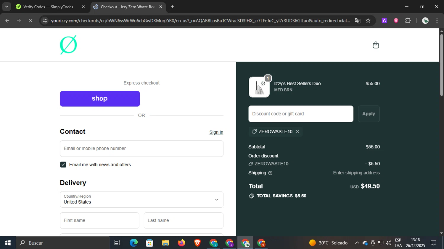 Izzy promo code screenshot showing code zerowaste10 applied at Izzy checkout page. Uploaded by SimplyCodes community member underwater on Dec 26, 2025