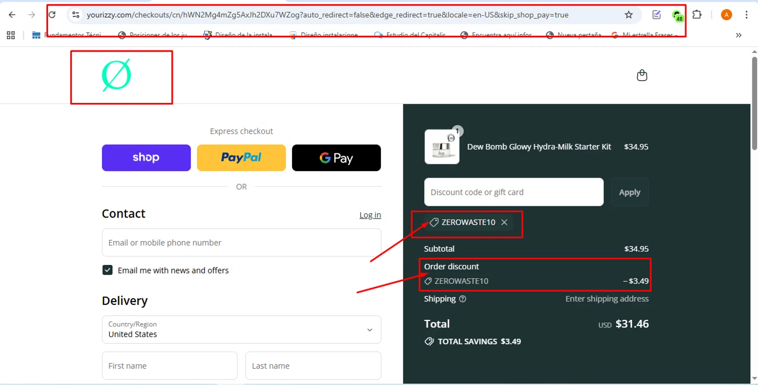 Izzy promo code screenshot showing code zerowaste10 applied at Izzy checkout page. Uploaded by SimplyCodes community member victorchirino1 on Aug 29, 2025