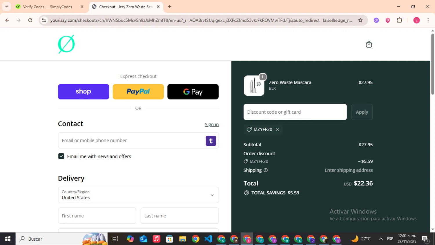 Izzy promo code screenshot showing code Izzyff20 applied at Izzy checkout page. Uploaded by SimplyCodes community member CouponHero7312 on Nov 23, 2025