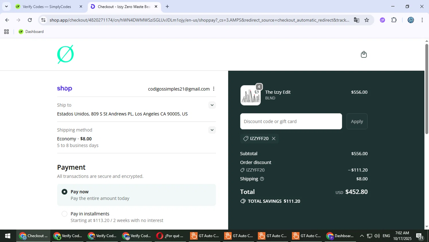 Izzy promo code screenshot showing code Izzyff20 applied at Izzy checkout page. Uploaded by SimplyCodes community member PokeGOAT on Oct 17, 2025