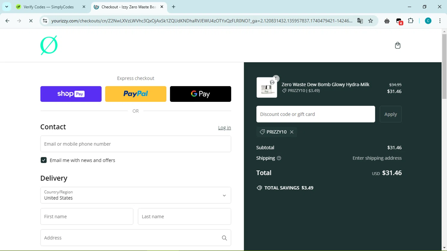 Izzy promo code screenshot showing code PRIZZY10 applied at Izzy checkout page. Uploaded by SimplyCodes community member Simpsince95 on Feb 25, 2025