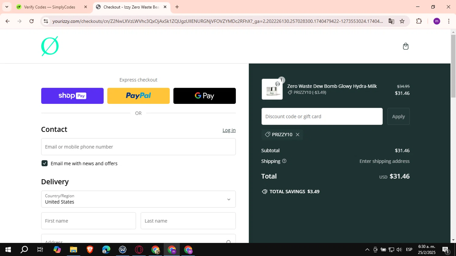Izzy promo code screenshot showing code PRIZZY10 applied at Izzy checkout page. Uploaded by SimplyCodes community member VictoriousCurator6515 on Feb 25, 2025