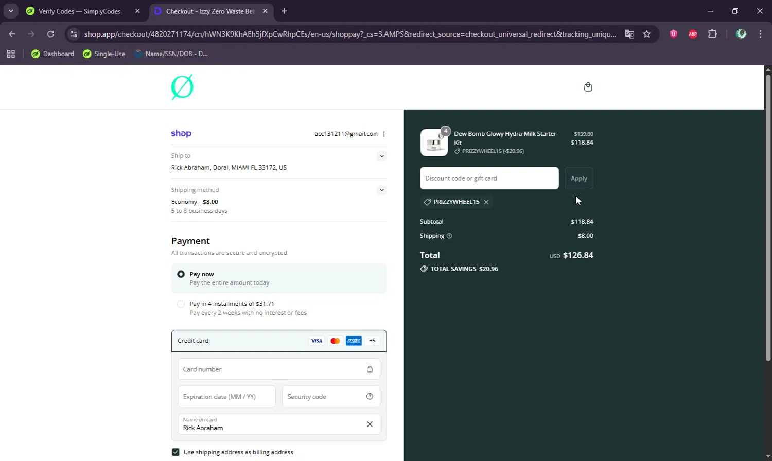 Izzy promo code screenshot showing code PRIZZYWHEEL15 applied at Izzy checkout page. Uploaded by SimplyCodes community member BudgetWizard6950 on Sep 23, 2025