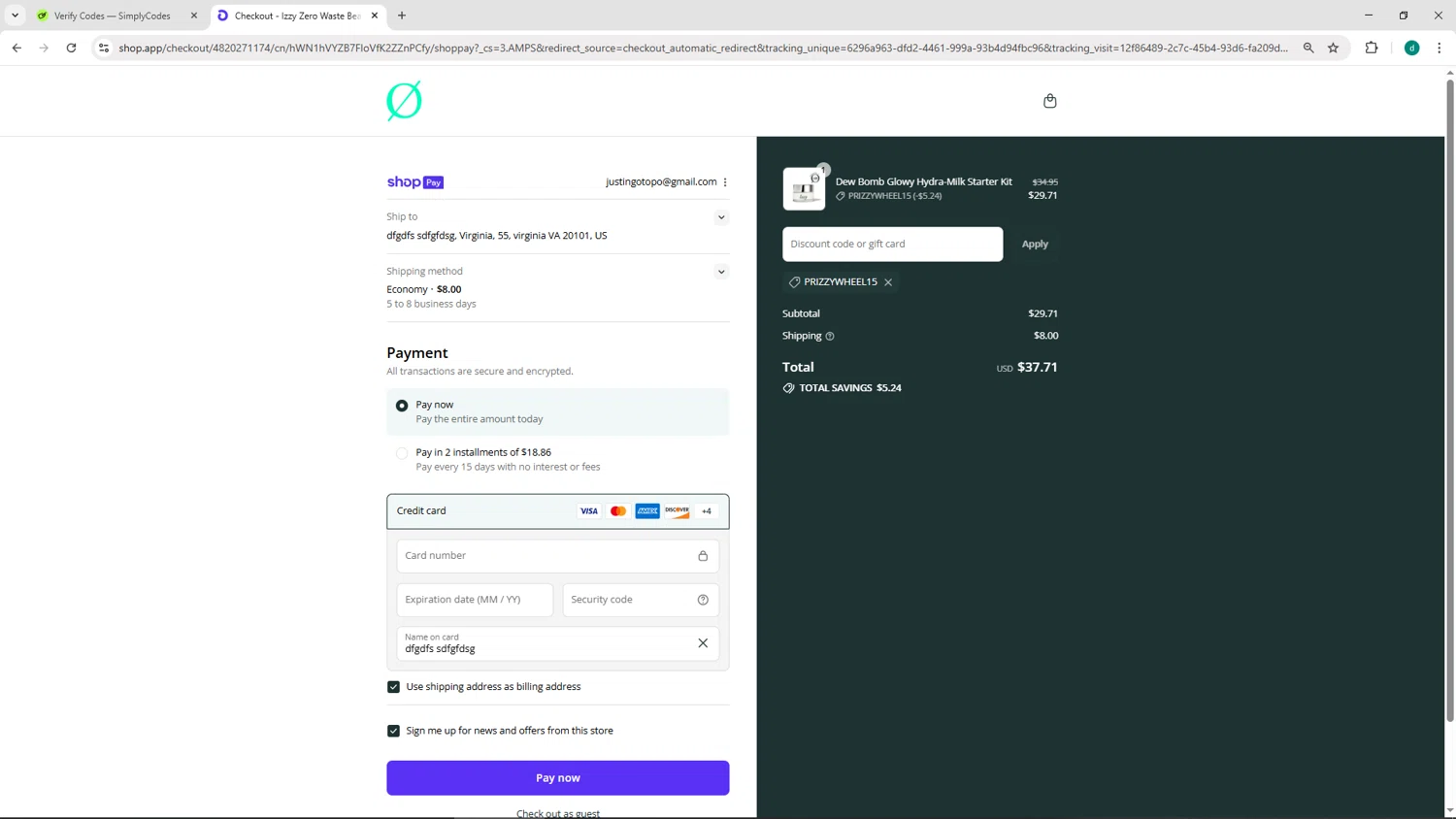 Izzy promo code screenshot showing code PRIZZYWHEEL15 applied at Izzy checkout page. Uploaded by SimplyCodes community member HEROESCUDA on Aug 12, 2025