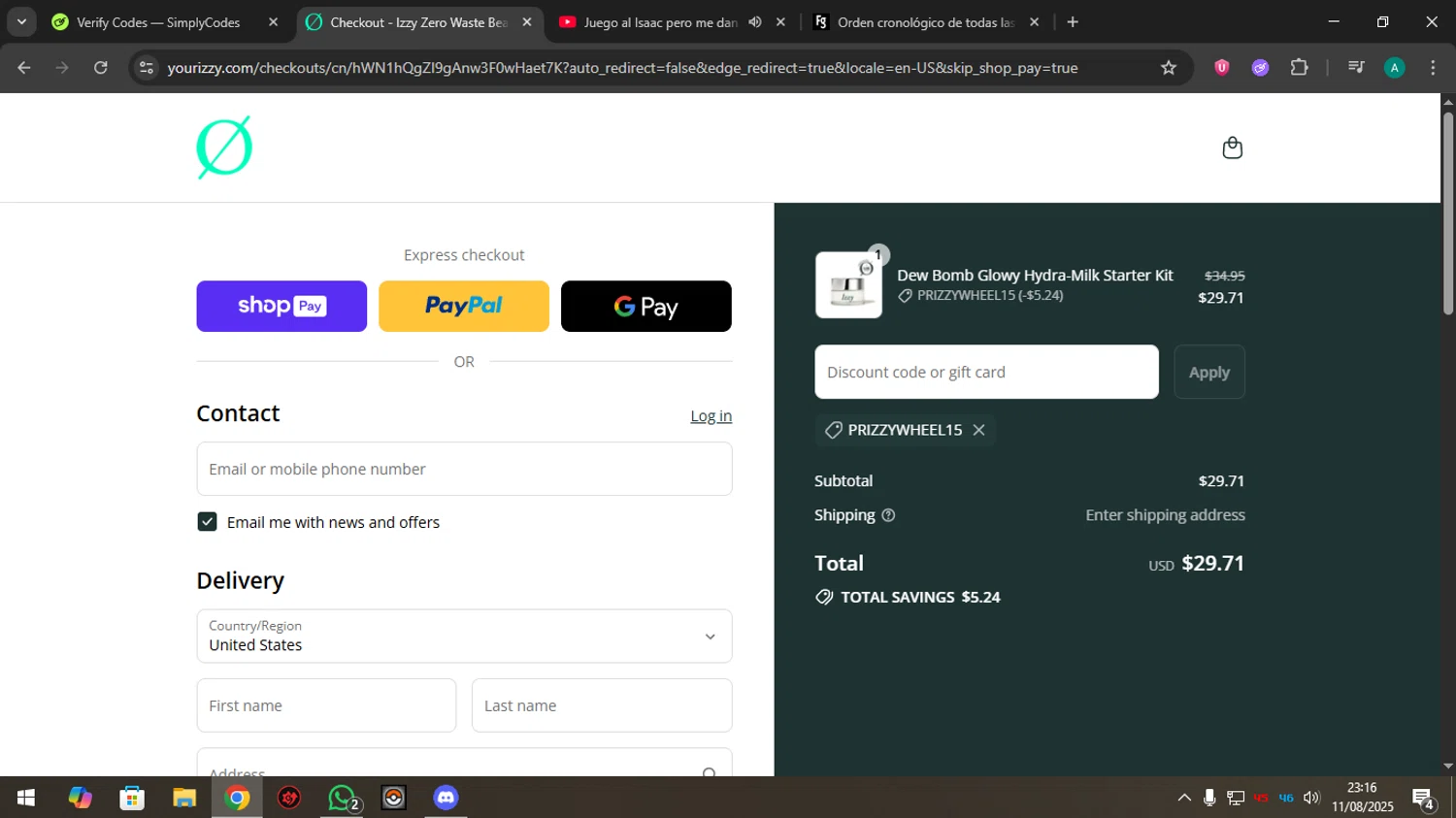 Izzy promo code screenshot showing code PRIZZYWHEEL15 applied at Izzy checkout page. Uploaded by SimplyCodes community member Holadiablo on Aug 12, 2025