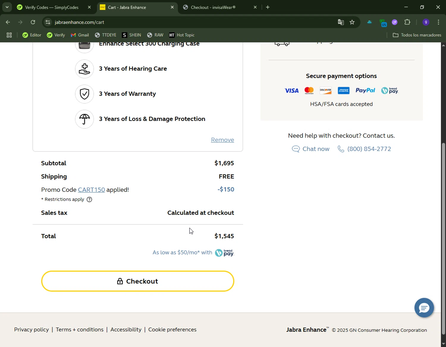 Jabra Enhance promo code screenshot showing code CART150 applied at Jabra Enhance checkout page. Uploaded by SimplyCodes community member CapitanCentella on Jun 20, 2025