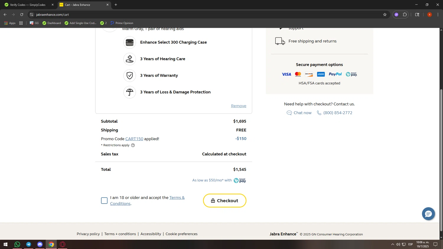 Jabra Enhance promo code screenshot showing code CART150 applied at Jabra Enhance checkout page. Uploaded by SimplyCodes community member JohnSimply on Jul 19, 2025