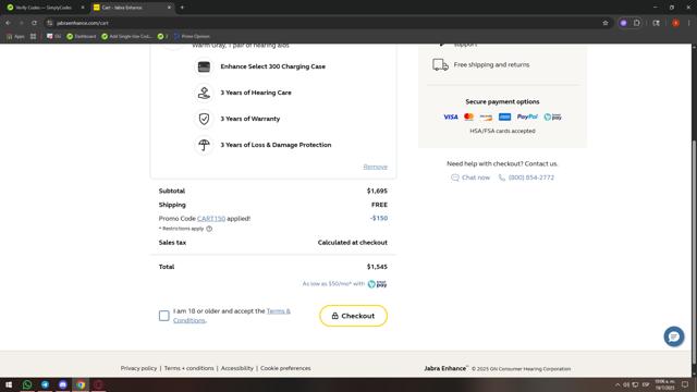 Jabra Enhance checkout page showing Jabra Enhance promo code box | Screenshot taken by SimplyCodes community member on Jul 19, 2025