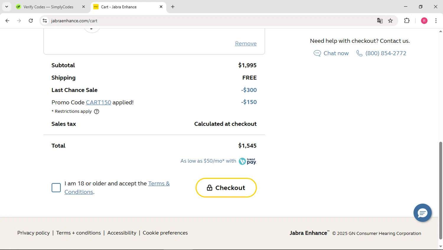 Jabra Enhance promo code screenshot showing code CART150 applied at Jabra Enhance checkout page. Uploaded by SimplyCodes community member TTTT55 on Sep 15, 2025